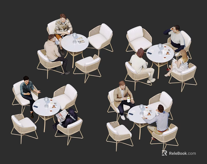 White Wicker Dining Table Set With Round Tables And Seated People 3d model 