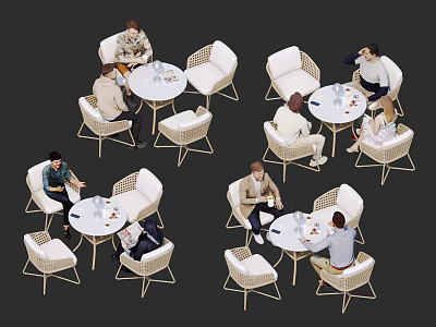 White Wicker Dining Table Set With Round Tables And Seated People 3d model