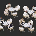 White Wicker Dining Table Set With Round Tables And Seated People