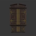 Vintage Dark Brown Cabinet With Brass Handles And Carved Decorative Details