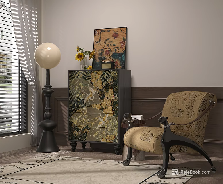 Stylish Floral Patterned Chest of Drawers with Floor Lamp Sunflowers Decorative Painting and Accent Chair 3d model 