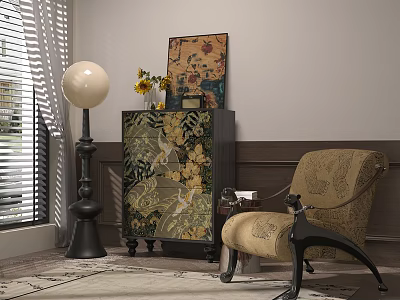 Stylish Floral Patterned Chest of Drawers with Floor Lamp Sunflowers Decorative Painting and Accent Chair 3d model