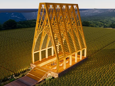 Illuminated Wooden House with Triangular Frame Open Design in Green Field Surrounded by Mountains 3d model