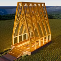 Illuminated Wooden House with Triangular Frame Open Design in Green Field Surrounded by Mountains