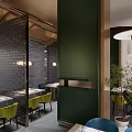 Restaurant Interior With Wooden Ceiling Colorful Chairs Round Dining Tables Sofa Seating And Green Plants