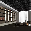 Modern Living Room with Bookshelves Books Decorations Large Window Curtains Floor Lamp Chair And Rug