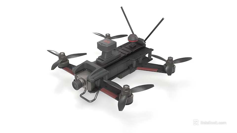 Black Combat Fighter Drone Featuring Four Propellers And Camera System Design 3d model 