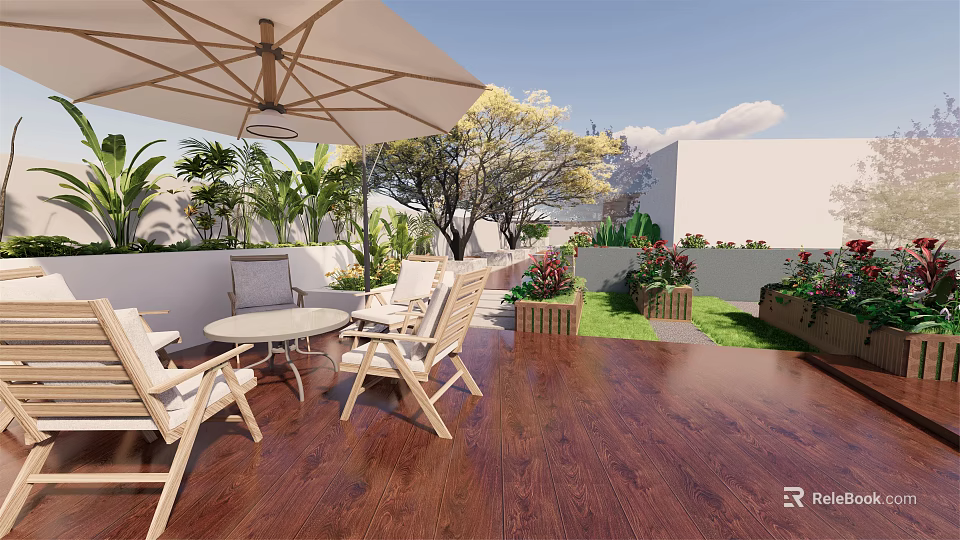 Outdoor Garden With Wooden Deck Patio Furniture Umbrella Green Plants And Lawn 3d model 