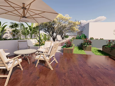 Outdoor Garden With Wooden Deck Patio Furniture Umbrella Green Plants And Lawn 3d model