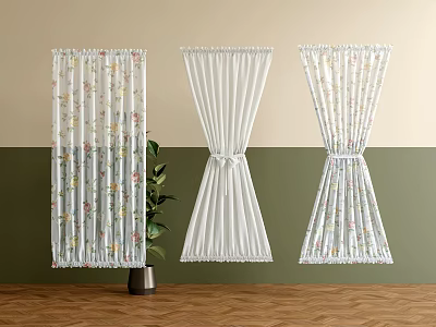 Floral Pattern White Curtains With Different Designs And Pleated Style 3d model