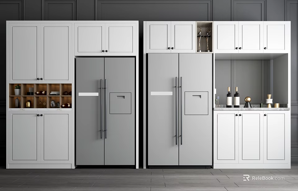 Modern Kitchen With White Cabinets Wine Cabinet And Double Door Refrigerators 3d model 