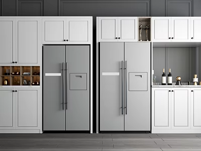 Modern Kitchen With White Cabinets Wine Cabinet And Double Door Refrigerators 3d model