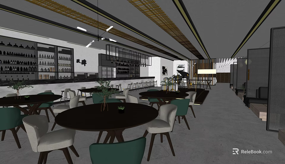 Modern Hotel Lobby Interior With Round Tables Green White Chairs Bar Counter And Pendant Lights 3d model 