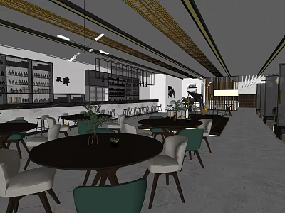 Modern Hotel Lobby Interior With Round Tables Green White Chairs Bar Counter And Pendant Lights 3d model