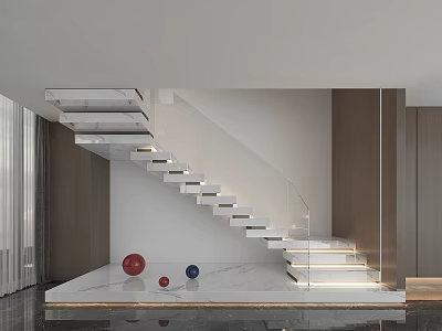 Modern Interior Staircase With White Steps Glass Railing And Colorful Balls On Marble Floor 3d model