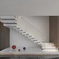 Modern Interior Staircase With White Steps Glass Railing And Colorful Balls On Marble Floor