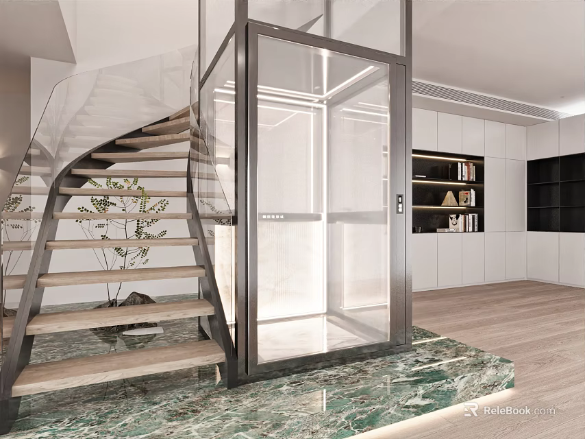 Modern Home Interior With Spiral Staircase Glass Elevator And Marble Floor Design 3d model 