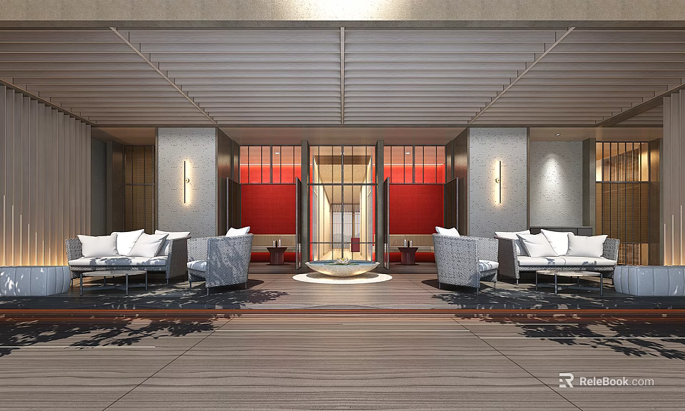 Modern Lounge Area With White Sofas Gray Armchairs Red Accent Walls And Wooden Floor 3d model 