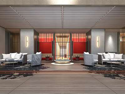 Modern Lounge Area With White Sofas Gray Armchairs Red Accent Walls And Wooden Floor 3d model