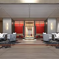 Modern Lounge Area With White Sofas Gray Armchairs Red Accent Walls And Wooden Floor