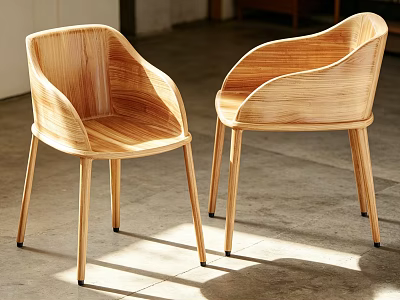 Two Modern Wooden Armchairs with Curved Armrests Natural Wood Grain in Bright Indoor Space 3d model