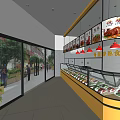 Modern Restaurant Interior With Display Counter Menu Posters Red Pendant Lights And Yellow Frame