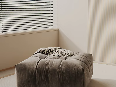 Plush Grey Ottoman Side Table With Patterned Throw In Minimalist Room 3d model