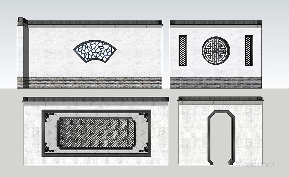 Traditional Chinese Wall Decor With Fan Circular Square Windows And Doorway Lattice Patterns 3d model 
