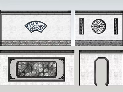 Traditional Chinese Wall Decor With Fan Circular Square Windows And Doorway Lattice Patterns 3d model
