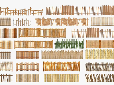 Various Types of Wooden and Bamboo Fences with Different Designs and Patterns 3d model