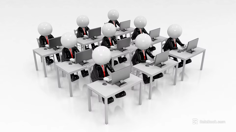 Cartoon Office Workers in Suits Using Laptops at Desks in Office 3d model