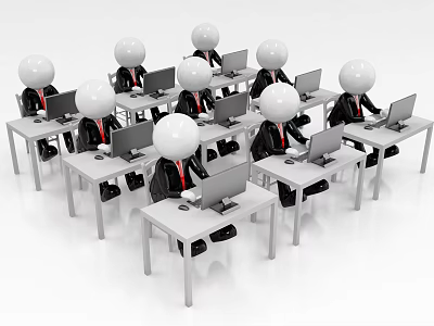 Cartoon Office Workers in Suits Using Laptops at Desks in Office 3d model