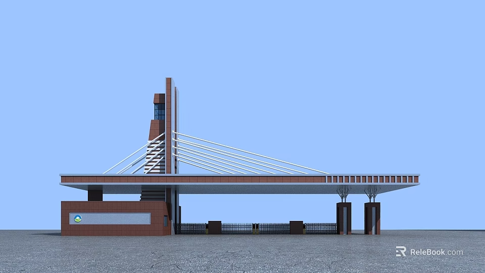Modern Red Brick Entrance Gate With Cable Supported Canopy And Pillars 3d model 