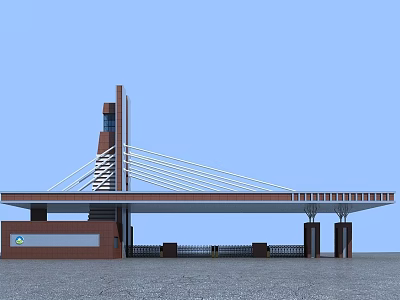 Modern Red Brick Entrance Gate With Cable Supported Canopy And Pillars 3d model