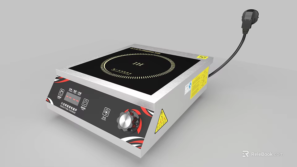 Electric Induction Cooker Kitchen Appliance with Black Surface Silver Body and Control Knob 3d model 