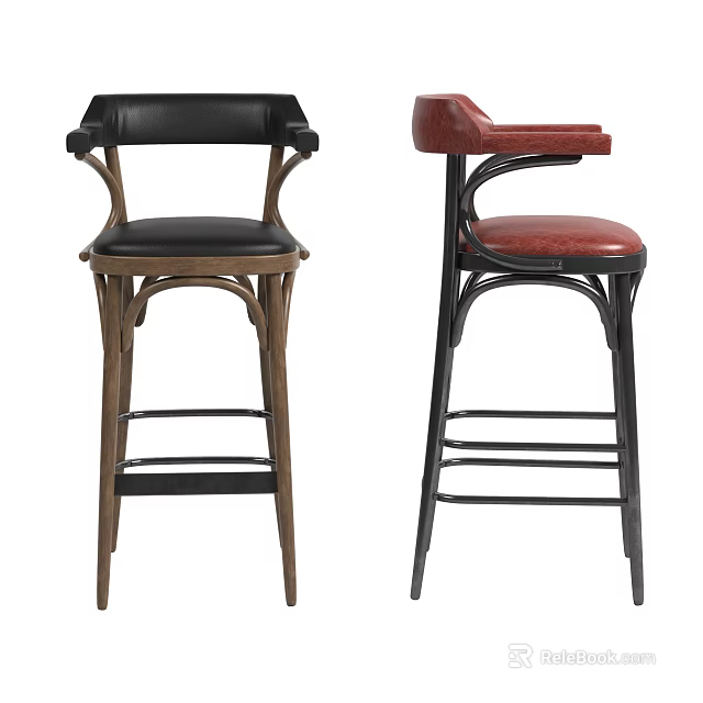 Modern Bar Stools With Black Red Seats Wooden Metal Legs And Armrests 3d model 