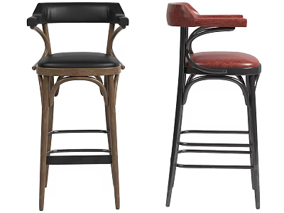 Modern Bar Stools With Black Red Seats Wooden Metal Legs And Armrests 3d model