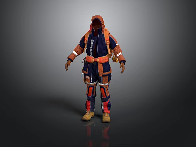 Practical Work Protective Suit With Multiple Pockets And Straps In Dark Blue And Orange 3d model