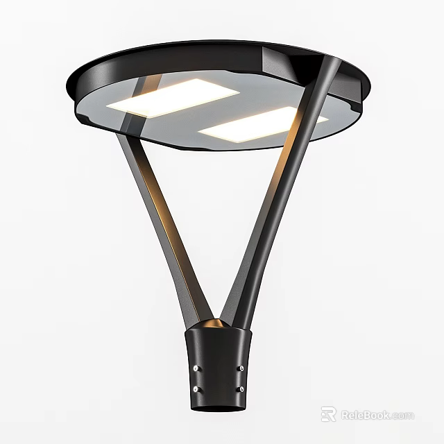 Modern Street Lamp Design With Circular Shade And LED Lights On Black Pole 3d model 