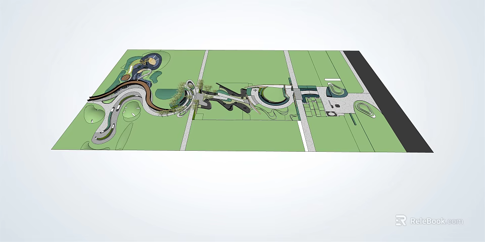 Modern Garden Landscape Design With Curved Pathways Green Spaces And Structures 3d model