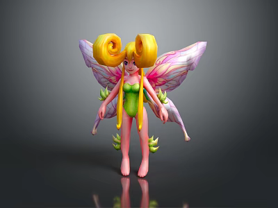Game Movie Character Fairy With Yellow Curly Hair And Pink Wings In Green Outfit 3d model