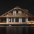 Wooden Vacation Home With Sloped Roof Balcony Terrace And Large Windows