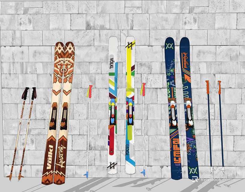 Sports Equipment Display Featuring Various Colorful Skis And Ski Poles 3d model 