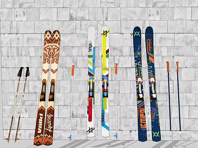 Sports Equipment Display Featuring Various Colorful Skis And Ski Poles 3d model