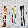 Sports Equipment Display Featuring Various Colorful Skis And Ski Poles