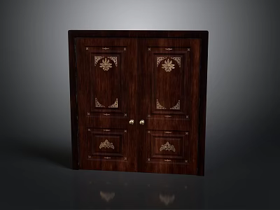 Dark Wooden Cabinet With Carved Details Double Doors And Drawers Design 3d model