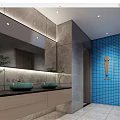 Public Restroom Interior With Gray Walls Blue Tiled Wall Double Sinks And Large Mirror