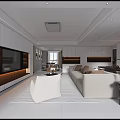 Modern Living Dining Room Interior With Beige Sofa Armchairs Coffee Table And Area Rug