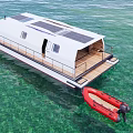 Modern Houseboat With Open Deck Stairs Red Sofa And White Hull On Water