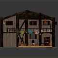 Cartoon Scene of Wooden House Interior with Two Story Loft Fireplace and Cozy Furniture Decor